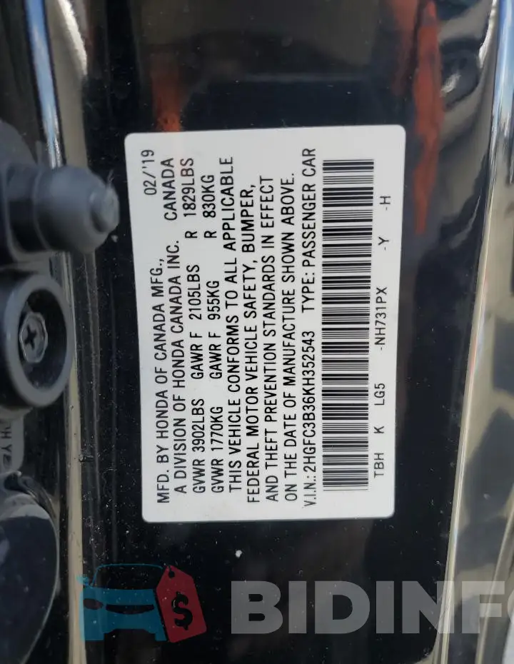 2HGFC3B36KH352543 Photo# 12