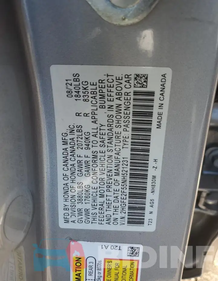 2HGFE2F55NH521231 Photo# 12