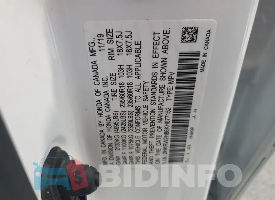 2HKRW2H86KH677152 Photo# 14