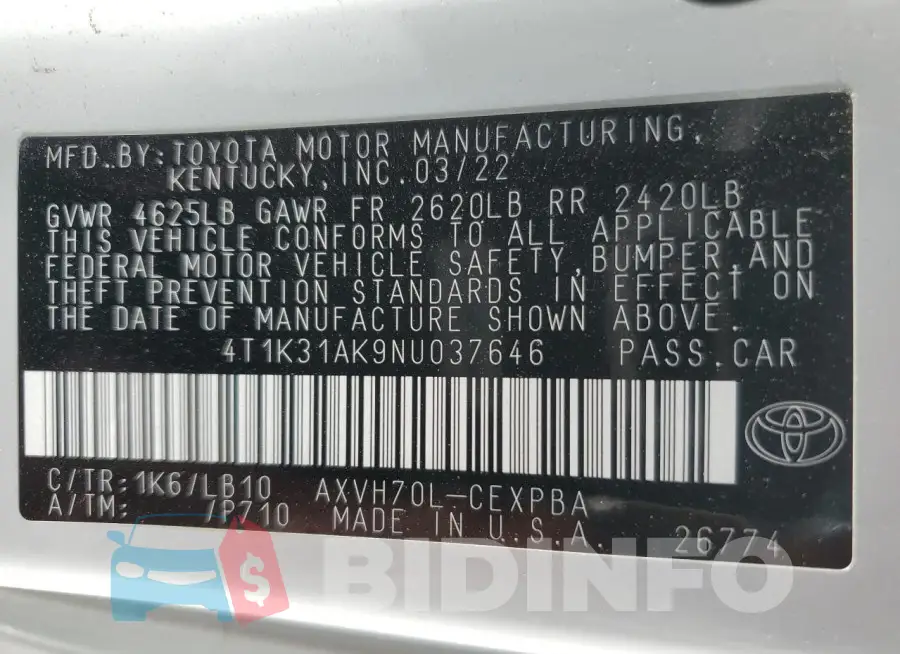 4T1K31AK9NU037646 Photo# 13