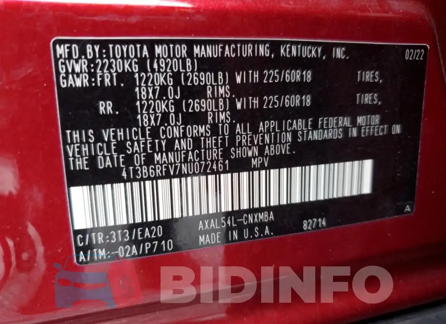 4T3B6RFV7NU072461 Photo# 14