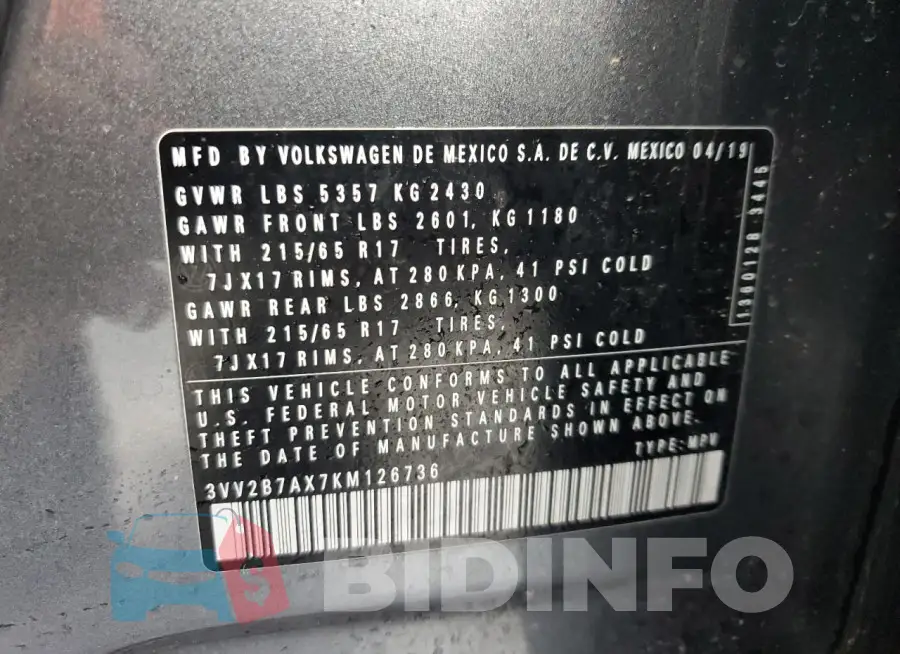 3VV2B7AX7KM126736 Photo# 13