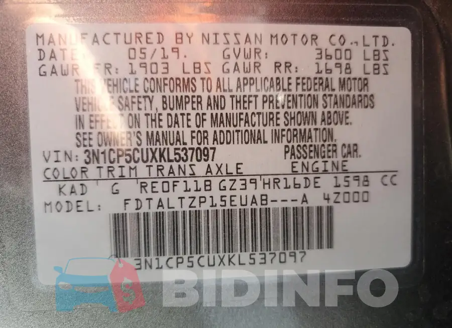 3N1CP5CUXKL537097 Photo# 13