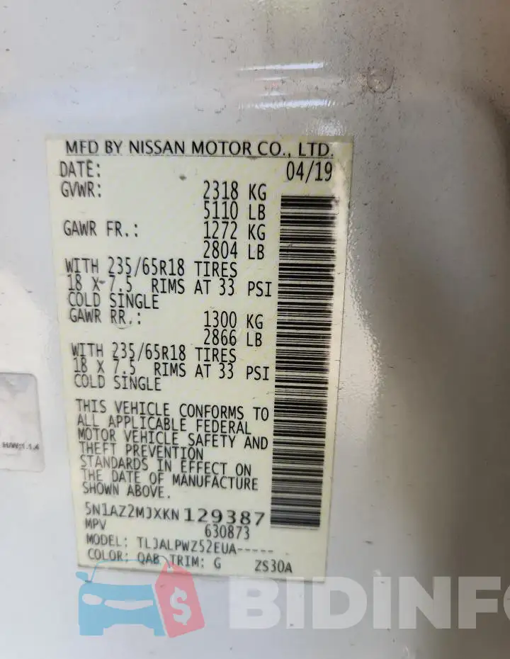 5N1AZ2MJXKN129387 Photo# 14