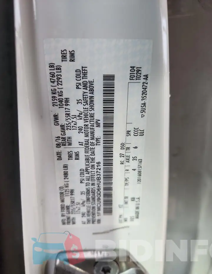 1FMCU9GD6HUB37216 Photo# 14