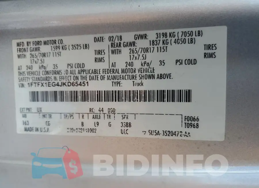 1FTFX1EG4JKD65451 Photo# 12