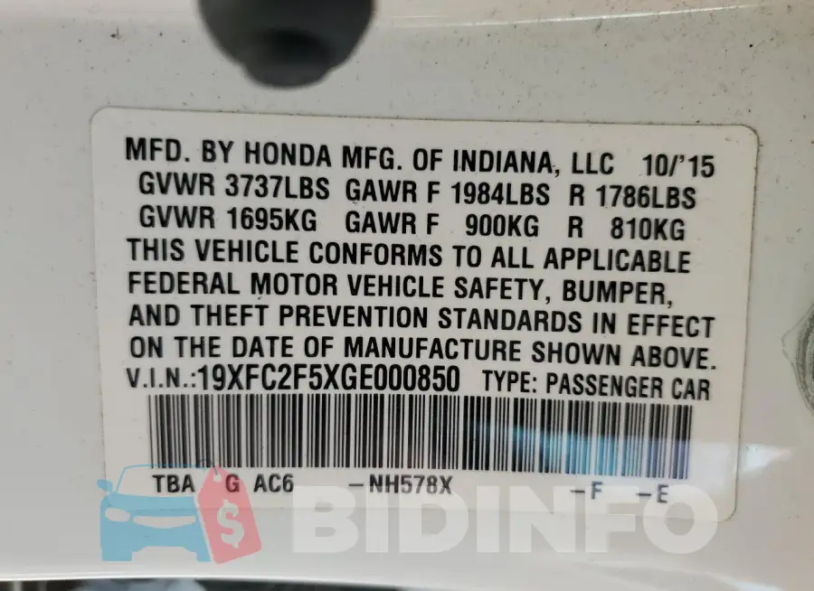 19XFC2F5XGE000850 Photo# 12