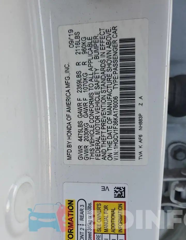 1HGCV1F36KA176006 Photo# 12