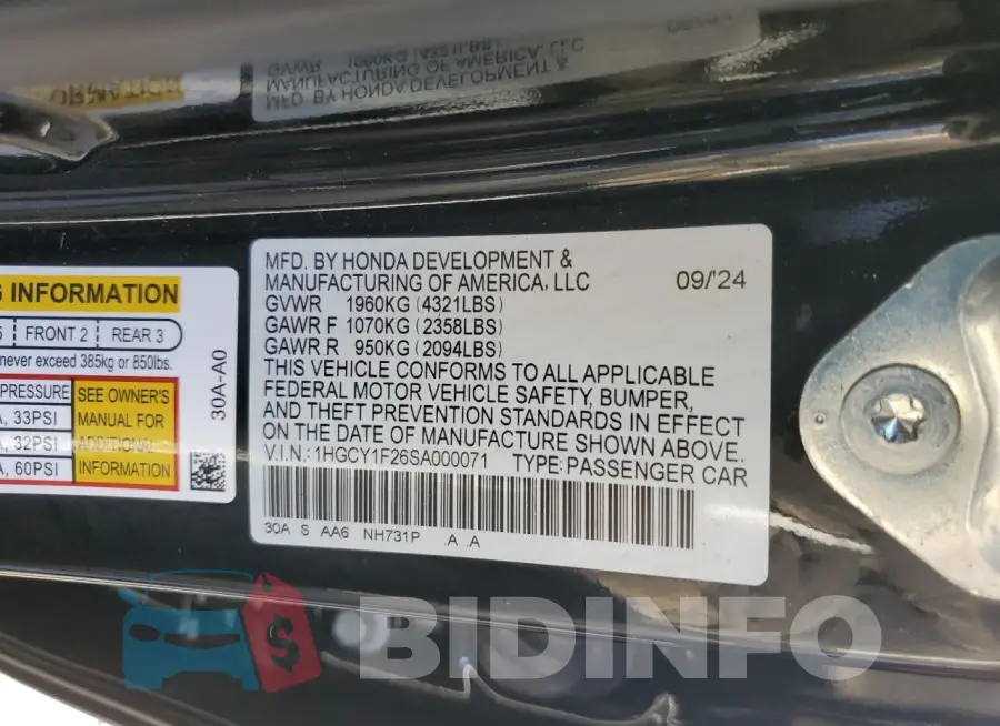 1HGCY1F26SA000071 Photo# 12
