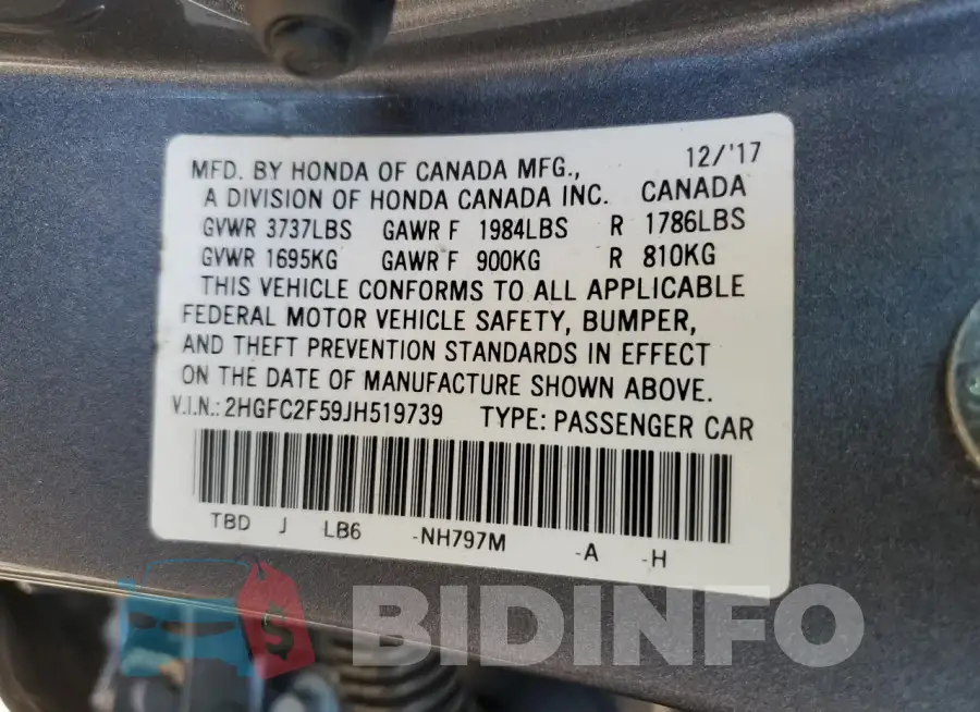 2HGFC2F59JH519739 Photo# 12