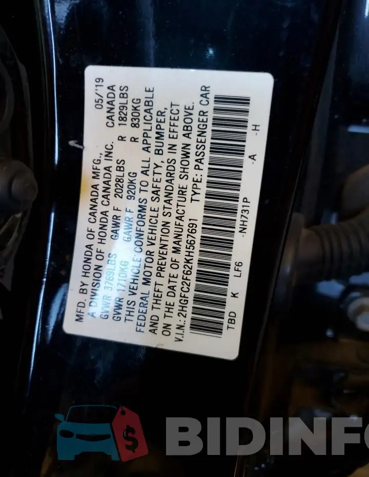 2HGFC2F62KH567691 Photo# 13
