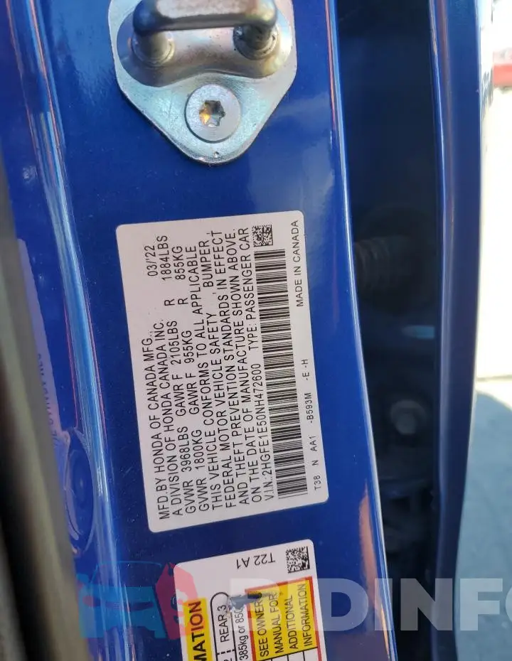 2HGFE1E50NH472600 Photo# 13