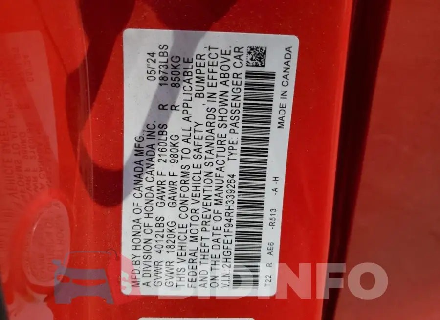 2HGFE1F94RH339264 Photo# 13