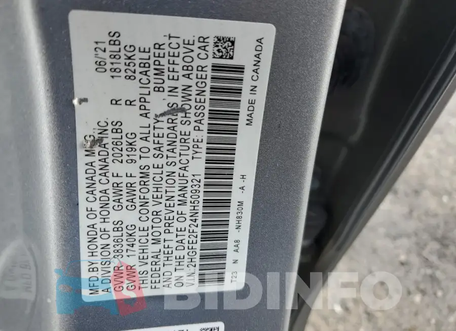2HGFE2F24NH509321 Photo# 12
