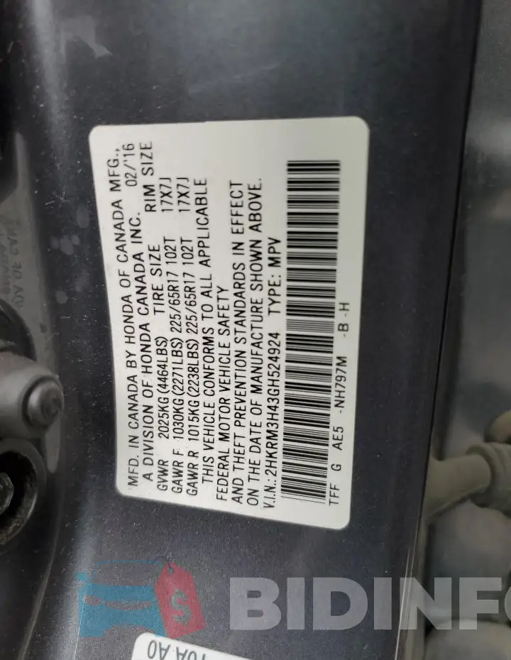 2HKRM3H43GH524924 Photo# 13