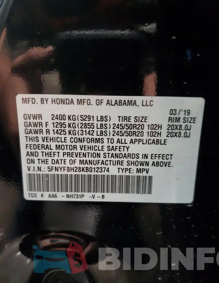 5FNYF8H28KB012374 Photo# 14
