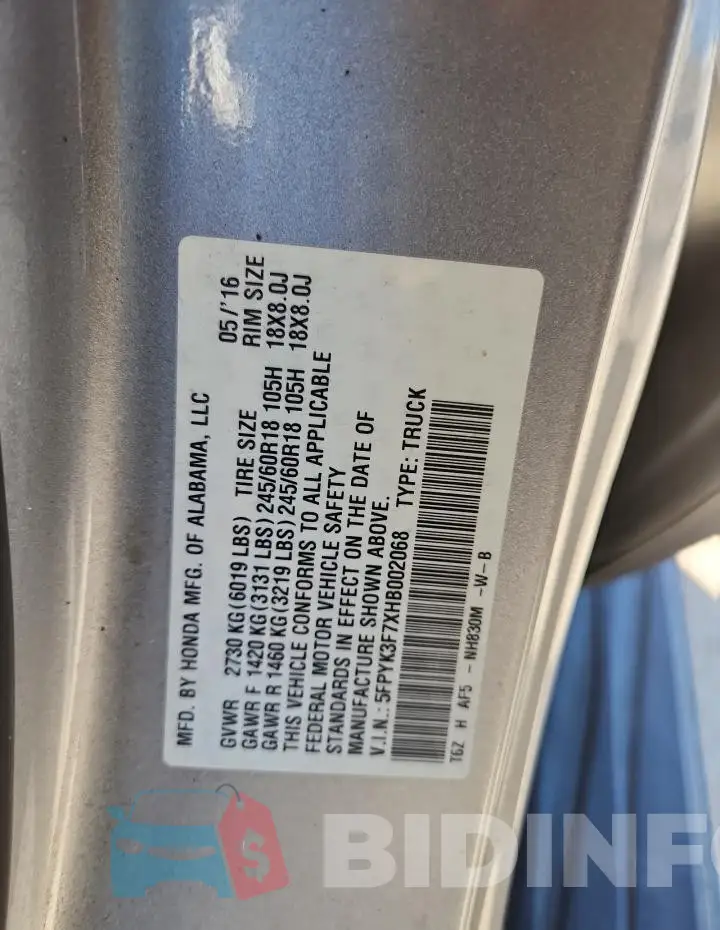 5FPYK3F7XHB002068 Photo# 13