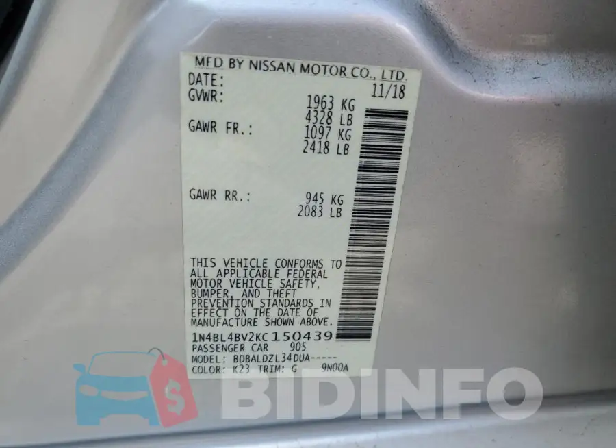 1N4BL4BV2KC150439 Photo# 12