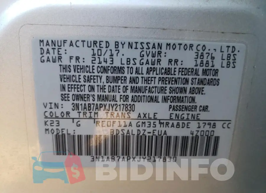 3N1AB7APXJY217830 Photo# 13