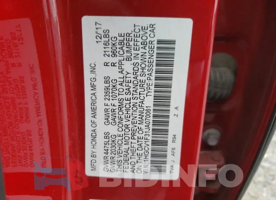 1HGCV1F31JA070061 Photo# 12
