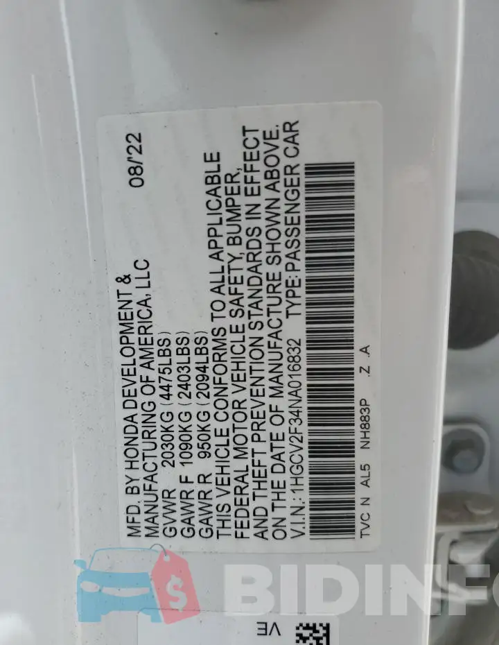1HGCV2F34NA016832 Photo# 12