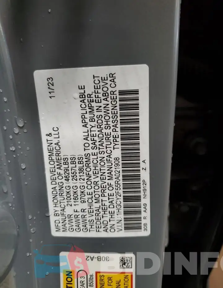 1HGCY2F55RA021908 Photo# 13