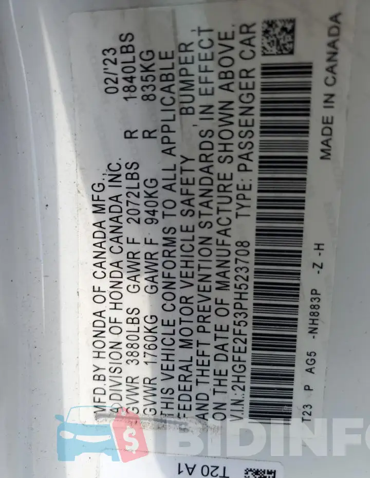 2HGFE2F53PH523708 Photo# 12
