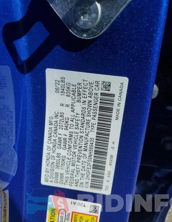 2HGFE2F59NH589435 Photo# 12