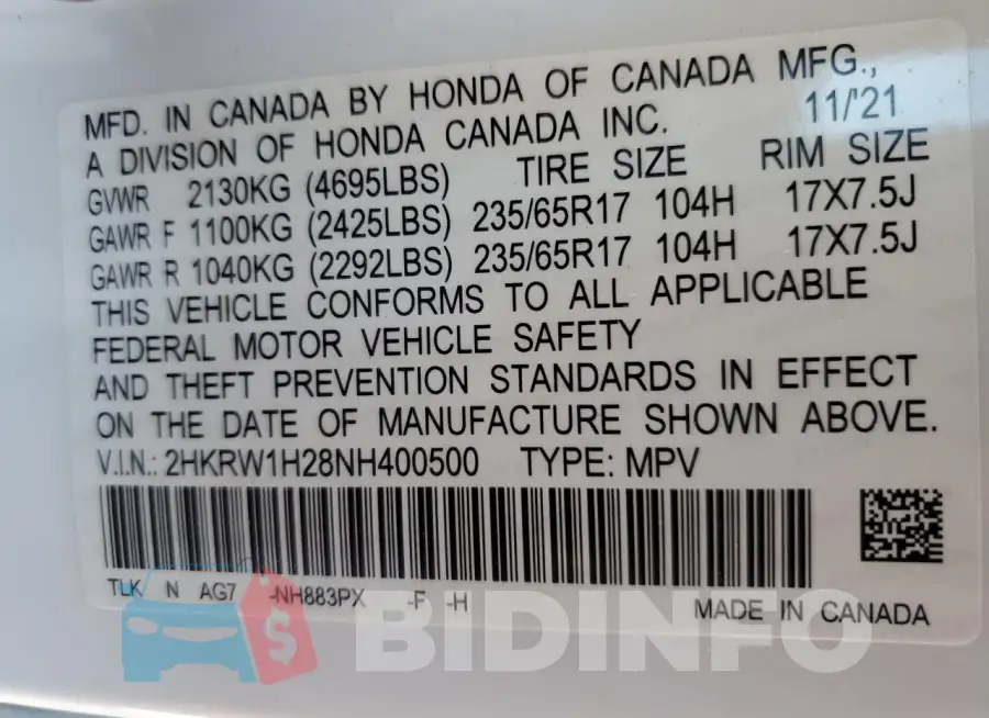 2HKRW1H28NH400500 Photo# 13