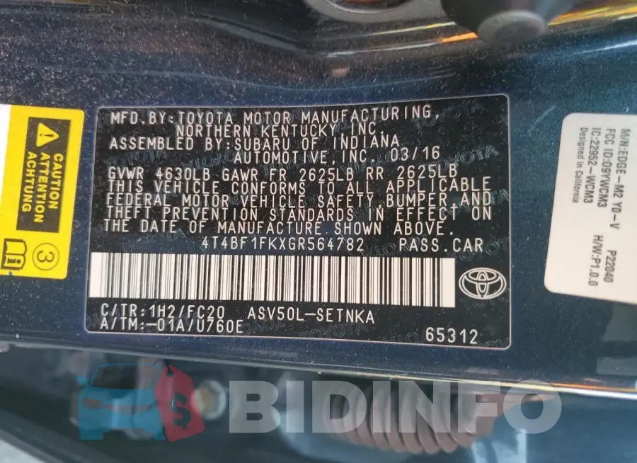 4T4BF1FKXGR564782 Photo# 12