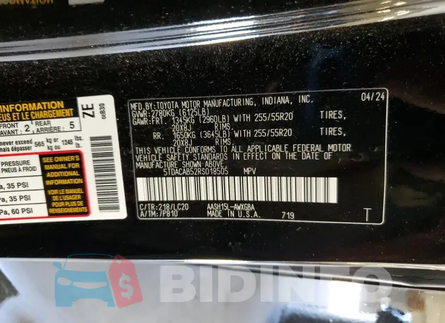 5TDACAB52RS018505 Photo# 13