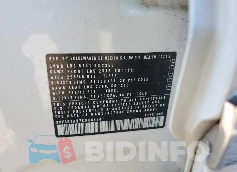 3VV3B7AX7KM064341 Photo# 13