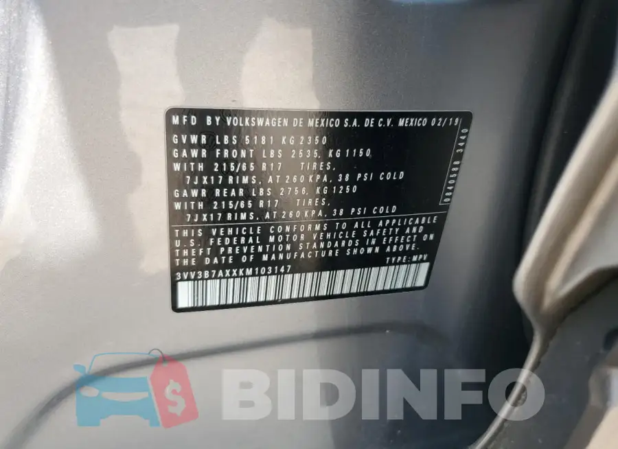 3VV3B7AXXKM103147 Photo# 13