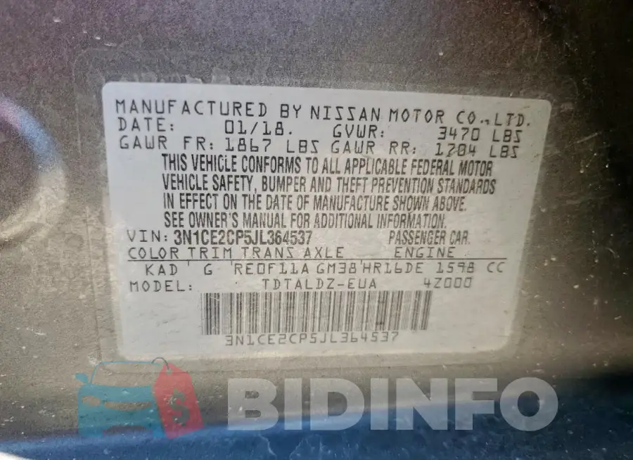 3N1CE2CP5JL364537 Photo# 14