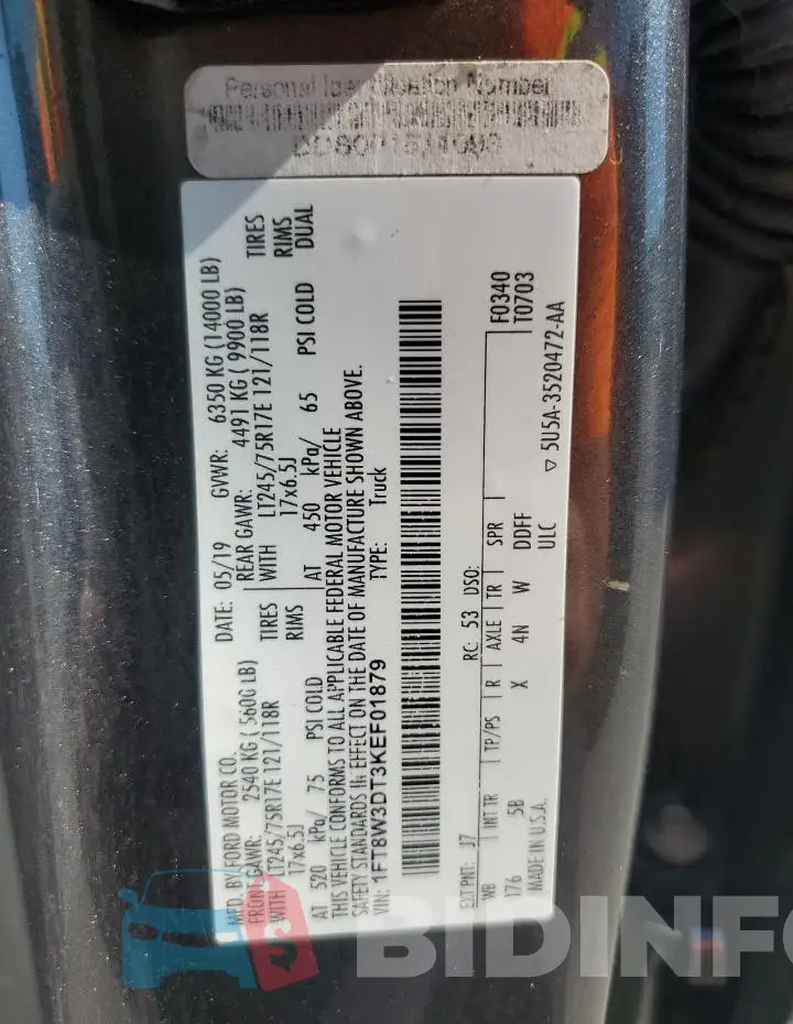 1FT8W3DT3KEF01879 Photo# 13