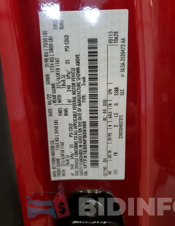 1FTFX1E85NFB09388 Photo# 12