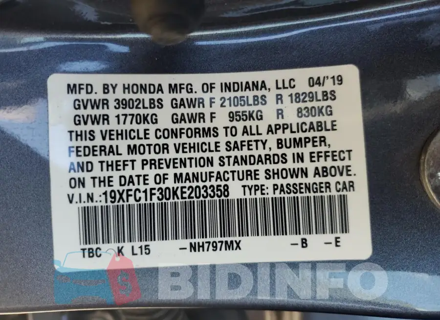 19XFC1F30KE203358 Photo# 13