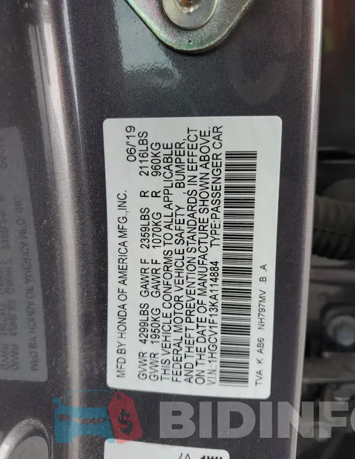 1HGCV1F13KA114884 Photo# 12
