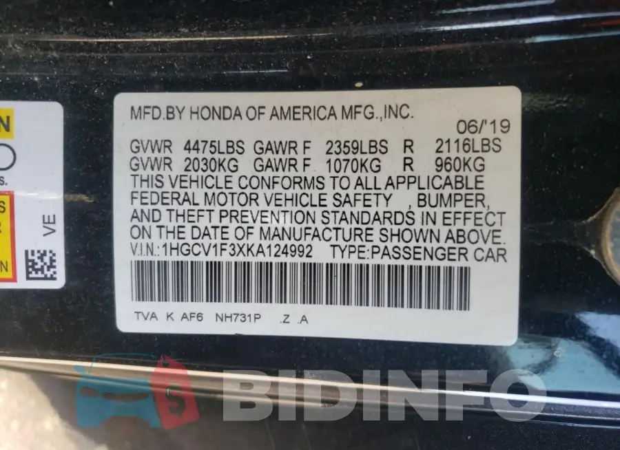 1HGCV1F3XKA124992 Photo# 12