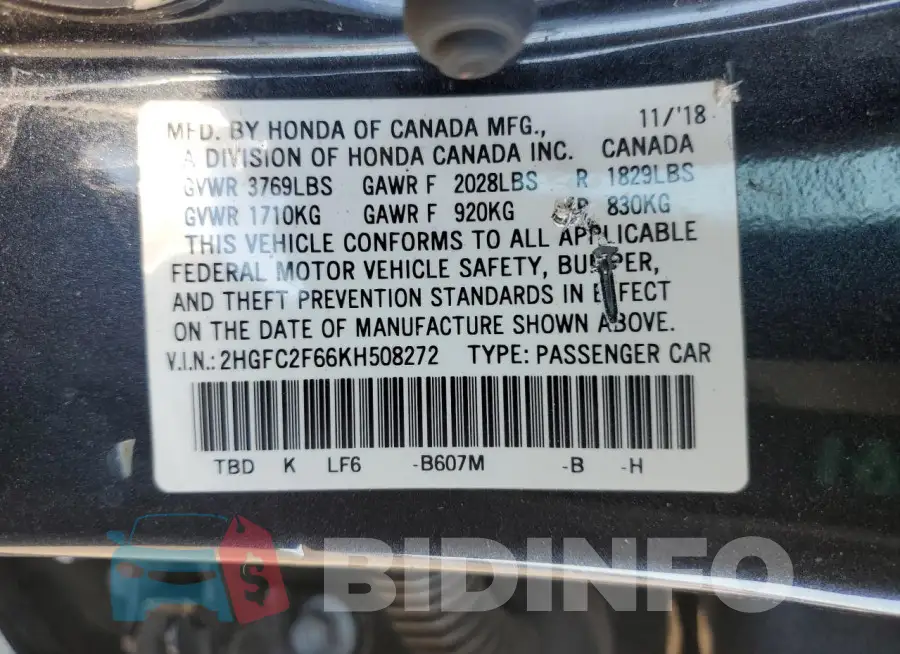 2HGFC2F66KH508272 Photo# 12