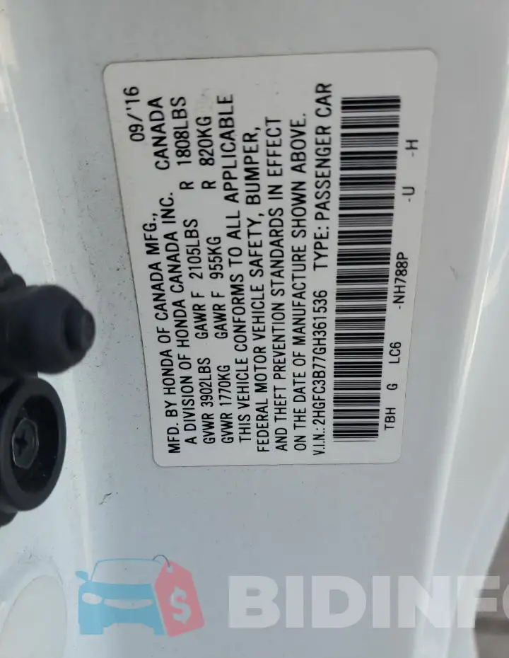 2HGFC3B77GH361536 Photo# 13