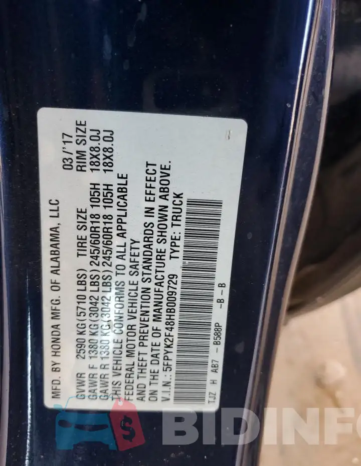 5FPYK2F48HB009729 Photo# 14