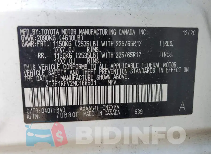 2T3F1RFV2MC168501 Photo# 14