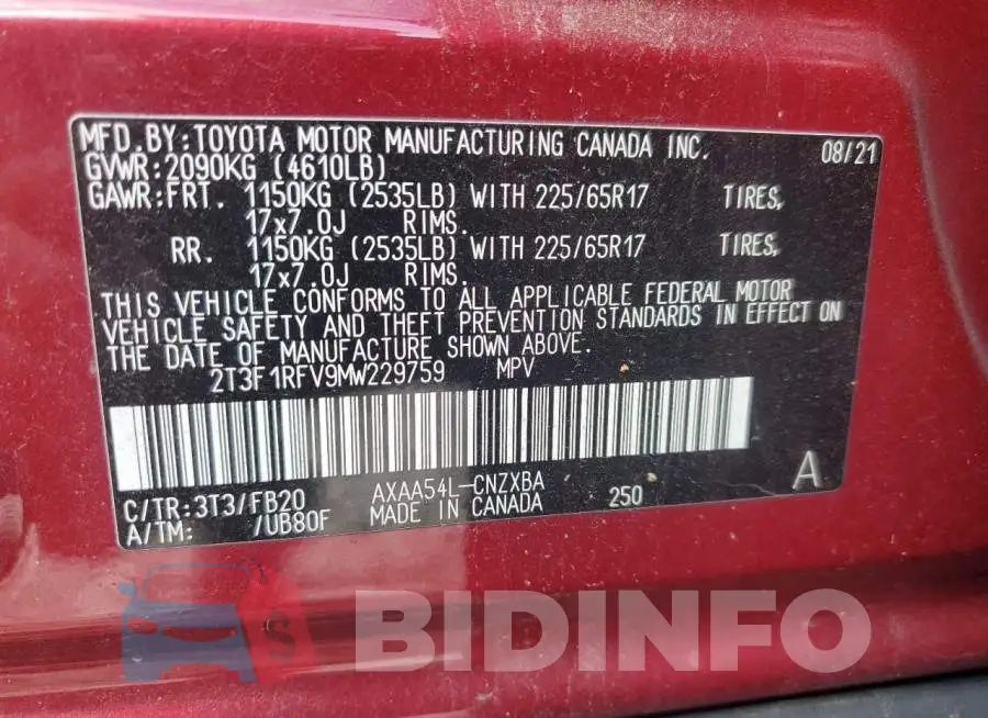 2T3F1RFV9MW229759 Photo# 13