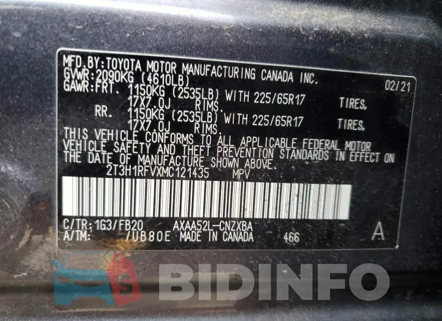 2T3H1RFVXMC121435 Photo# 14