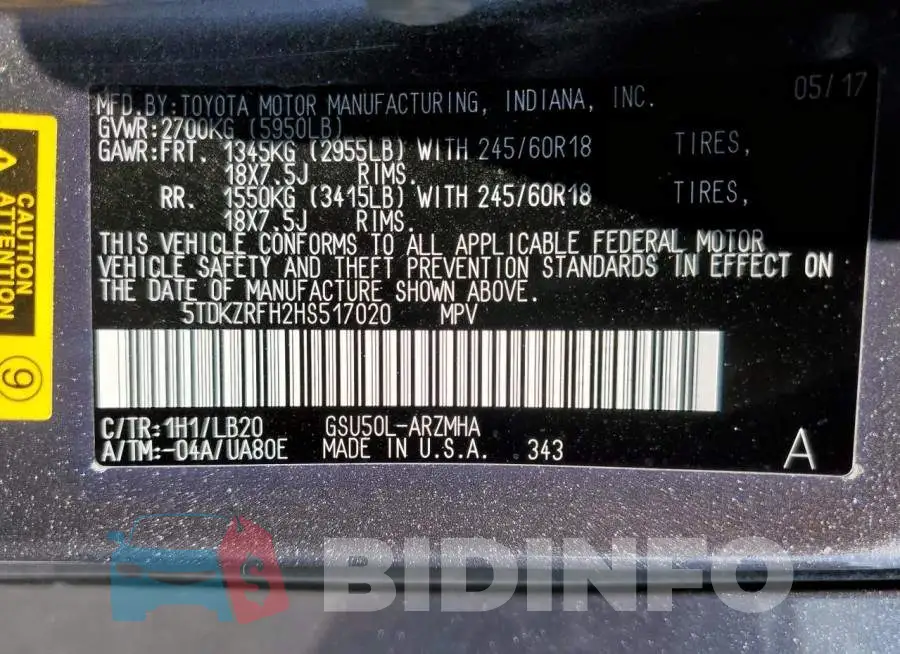 5TDKZRFH2HS517020 Photo# 14