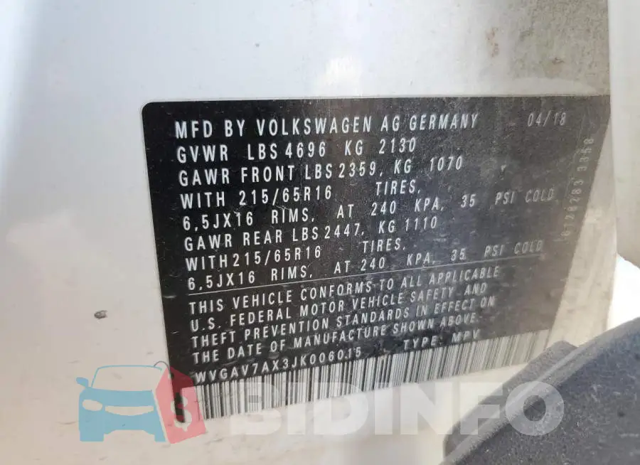 WVGAV7AX3JK006015 Photo# 13