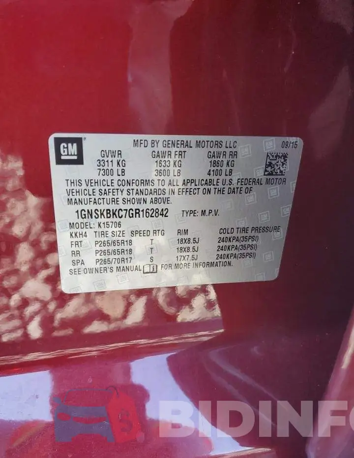 1GNSKBKC7GR162842 Photo# 13