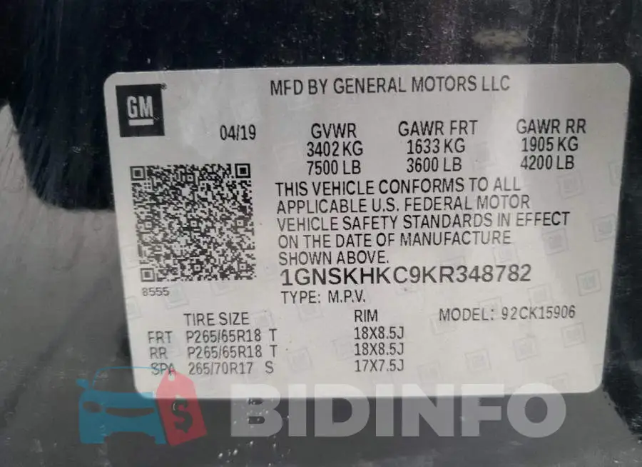1GNSKHKC9KR348782 Photo# 13