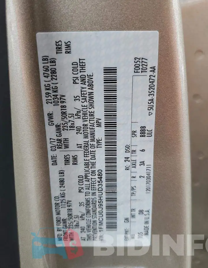 1FMCU0J95HUD35480 Photo# 14